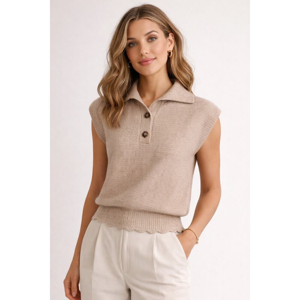 FRNCH x Anthropologie Neil Tan Oatmeal Wool Blend Sweater Vest preppy sz M